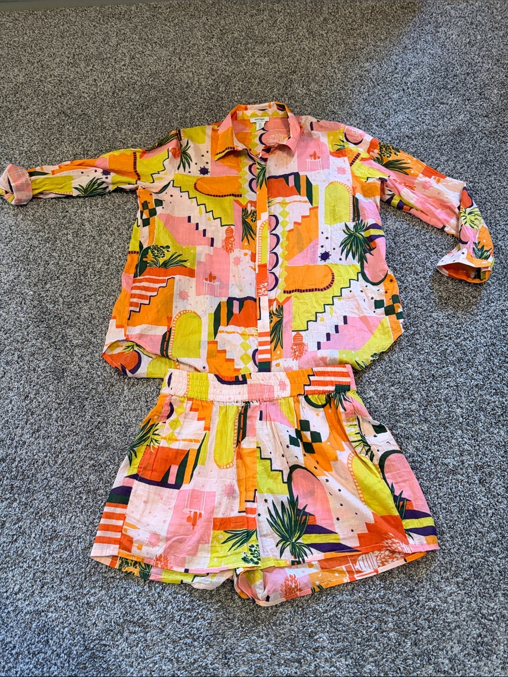 Haute Hippie Pink, Orange & Yellow Geometric Palm Women's Lounge Set Size Large